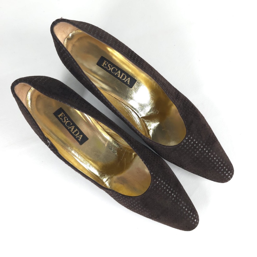 Escada Italy Leather Block Heels Shoes Designer Size 8aa Vintage